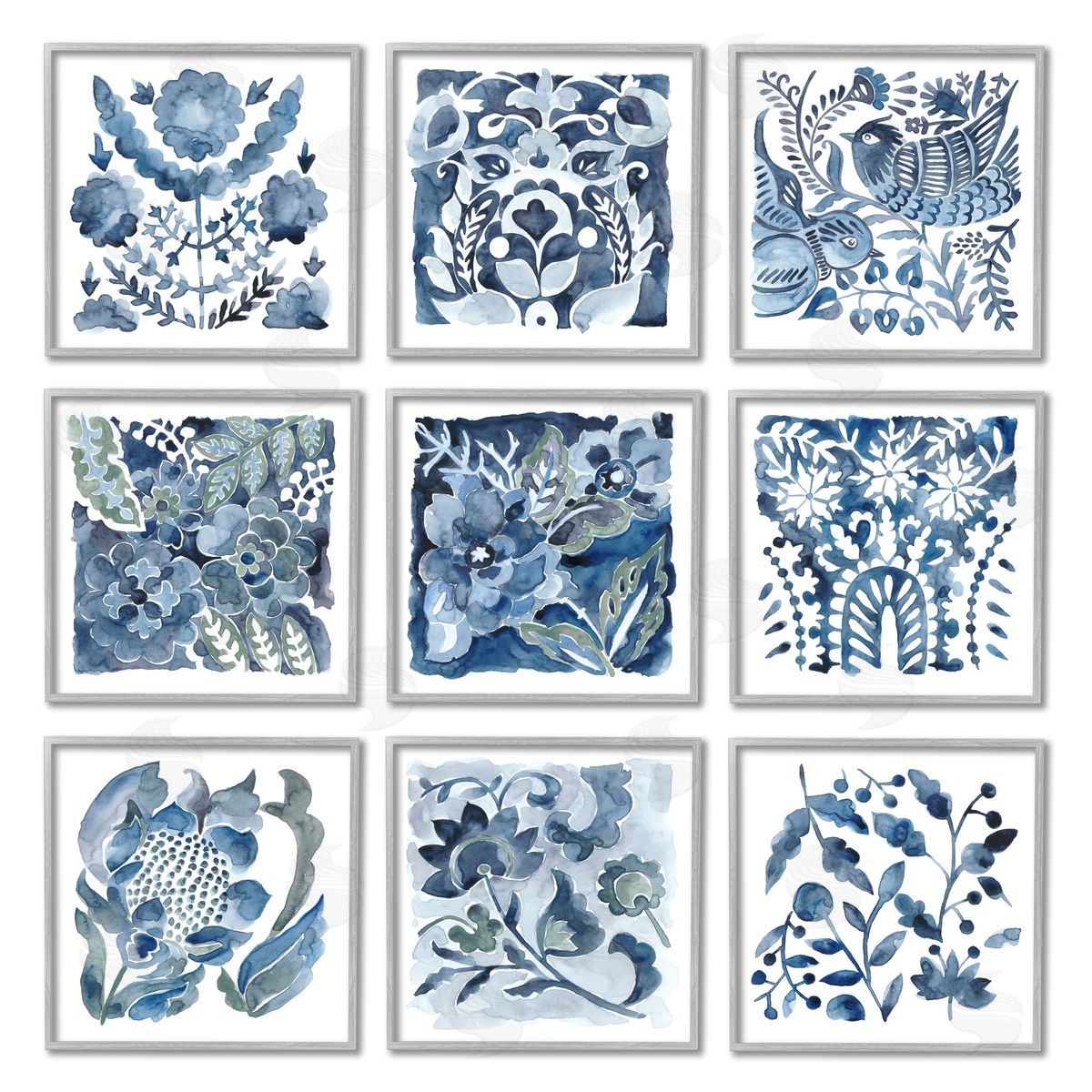 Chariklia Zarris Abstract Botanical Birds Layered Watercolor Gray Framed Giclee Wall Art Print