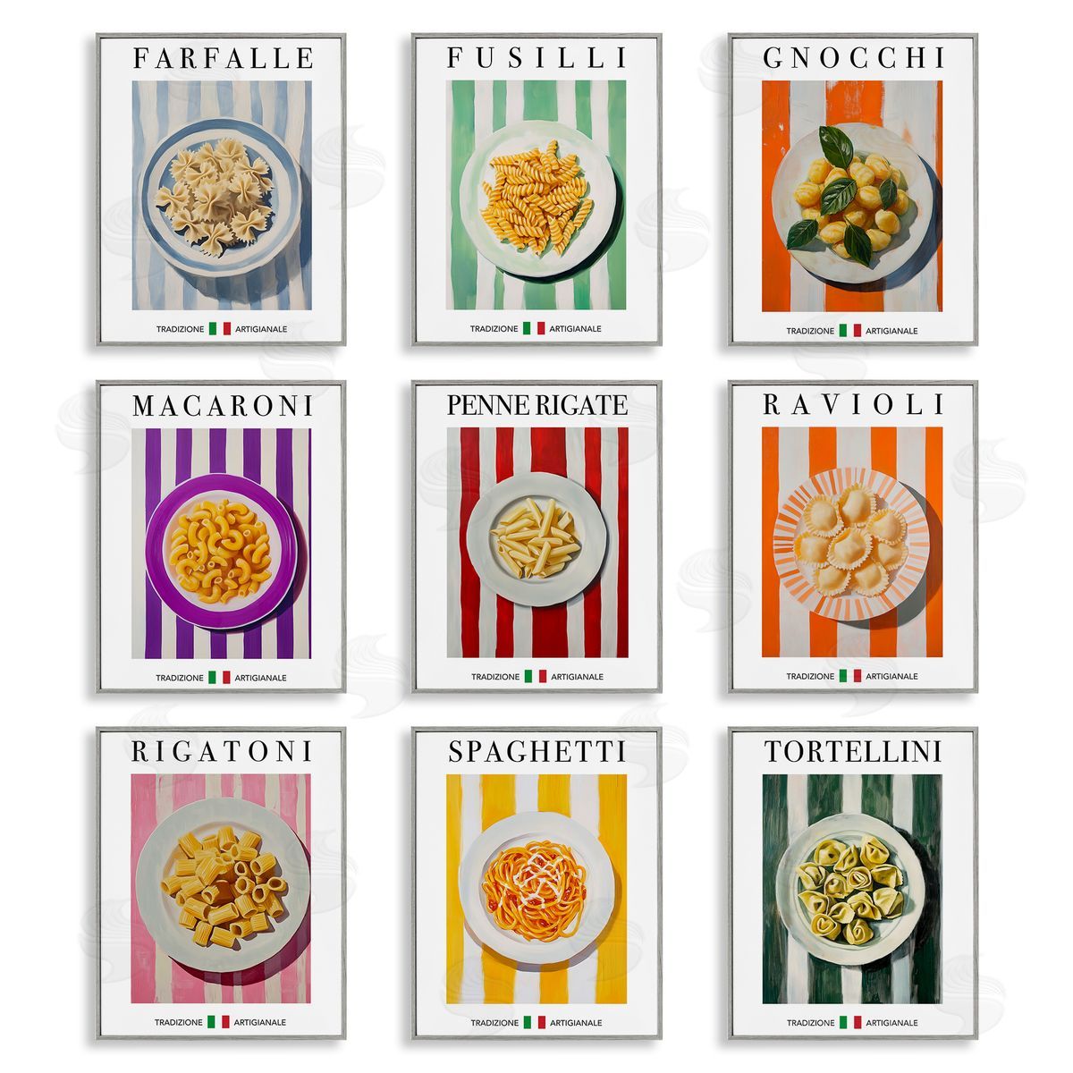 Traditional Pasta Plates Cuisine Grey Frame Print Wall Art, Home Decor by Andreas Magnusson