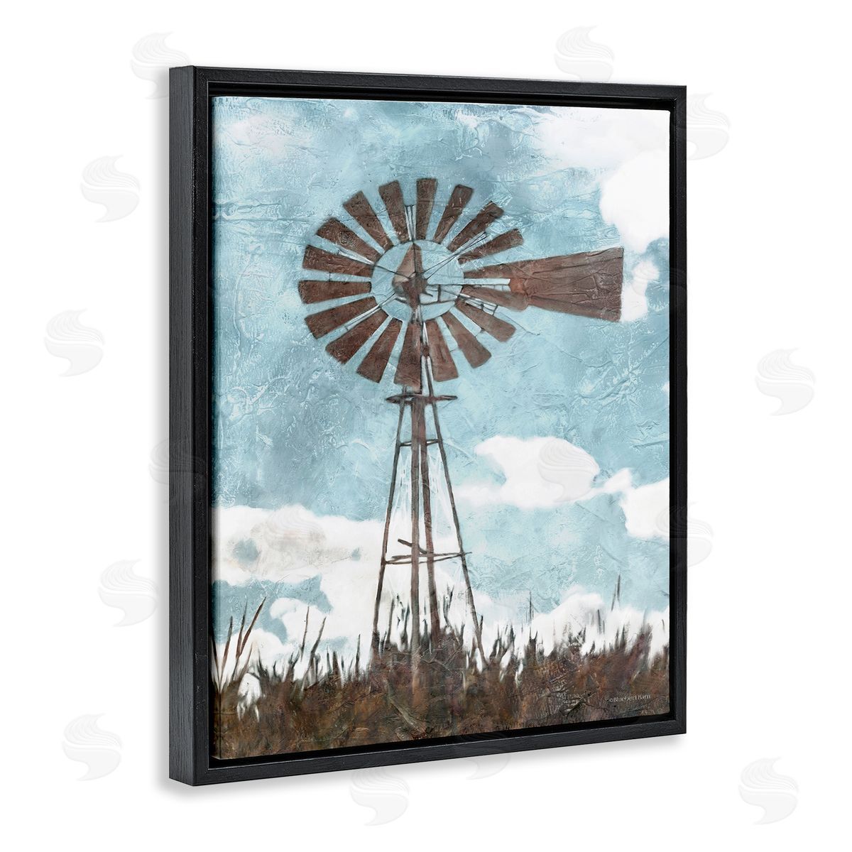 Farm Windmill Blue Brown Black Floating Frame Canvas Wall Art, Home Decor by Bluebird Barn