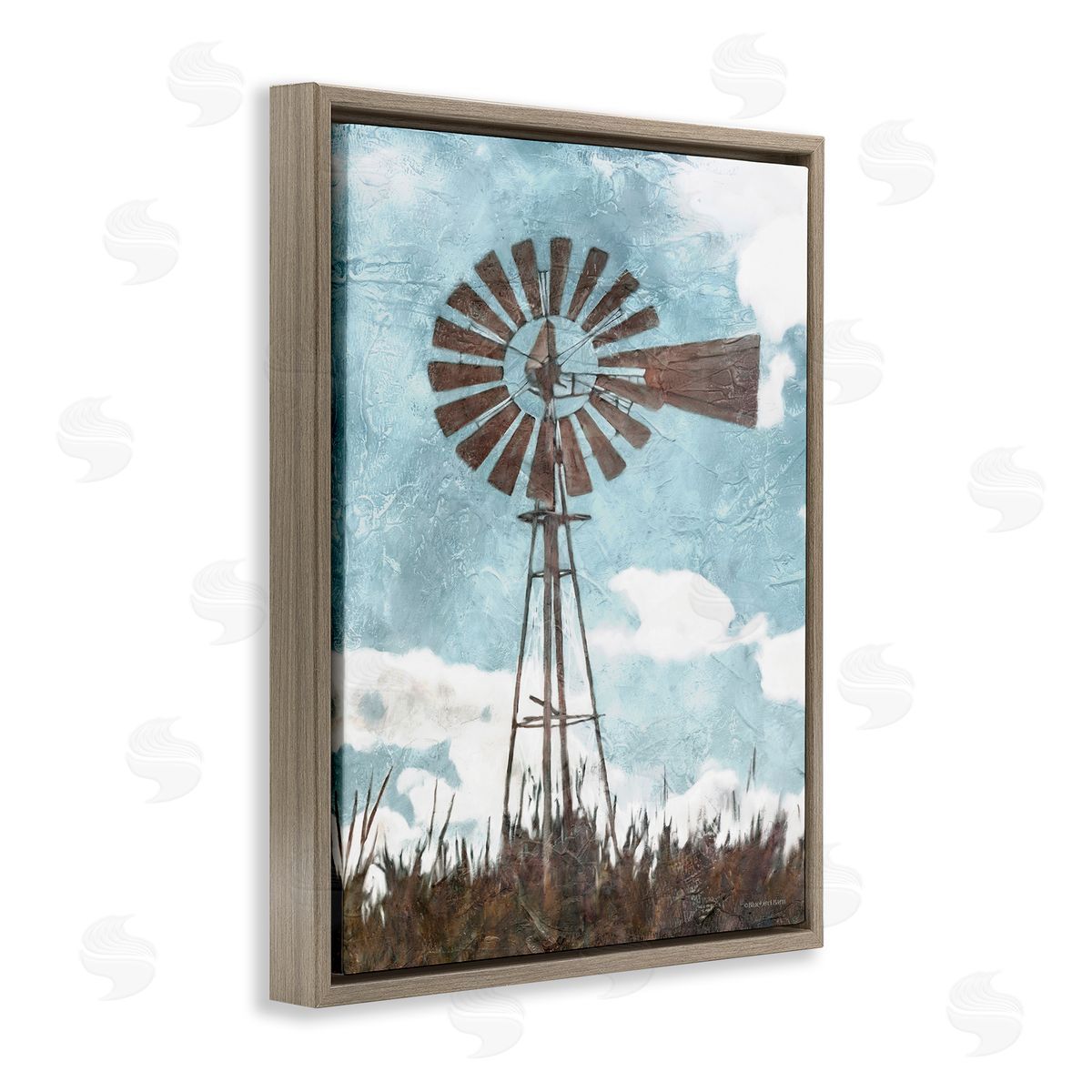 Farm Windmill Blue Brown Brown Floating Frame Canvas Wall Art, Home Decor by Bluebird Barn