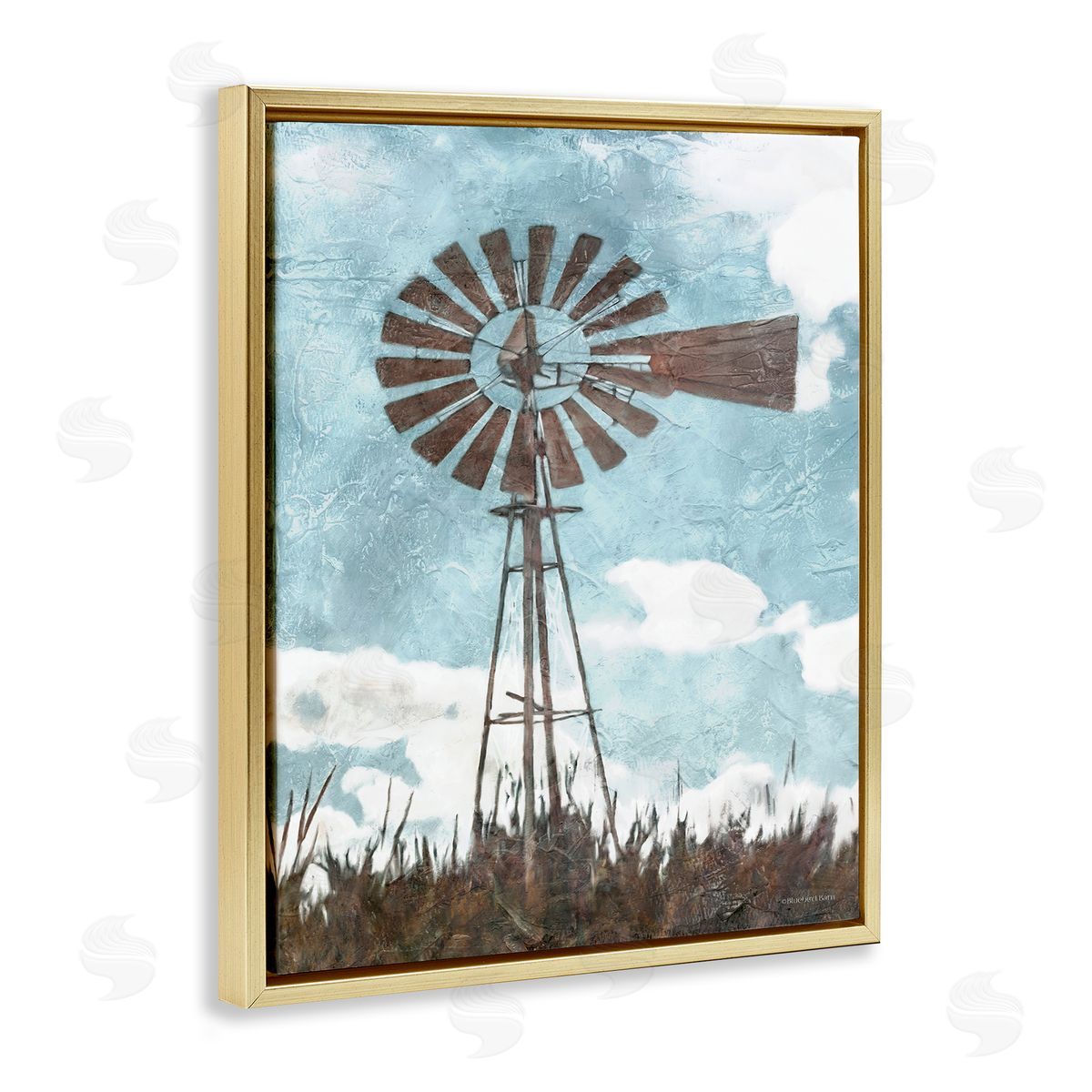 Farm Windmill Blue Brown Gold Floating Frame Canvas Wall Art, Home Decor by Bluebird Barn