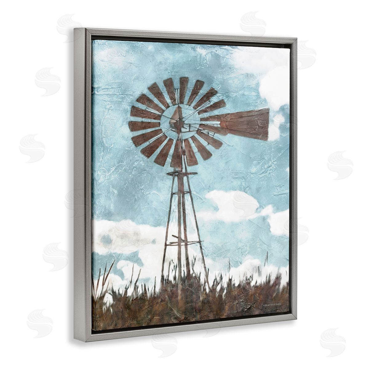 Farm Windmill Blue Brown Grey Floating Frame Canvas Wall Art, Home Decor by Bluebird Barn