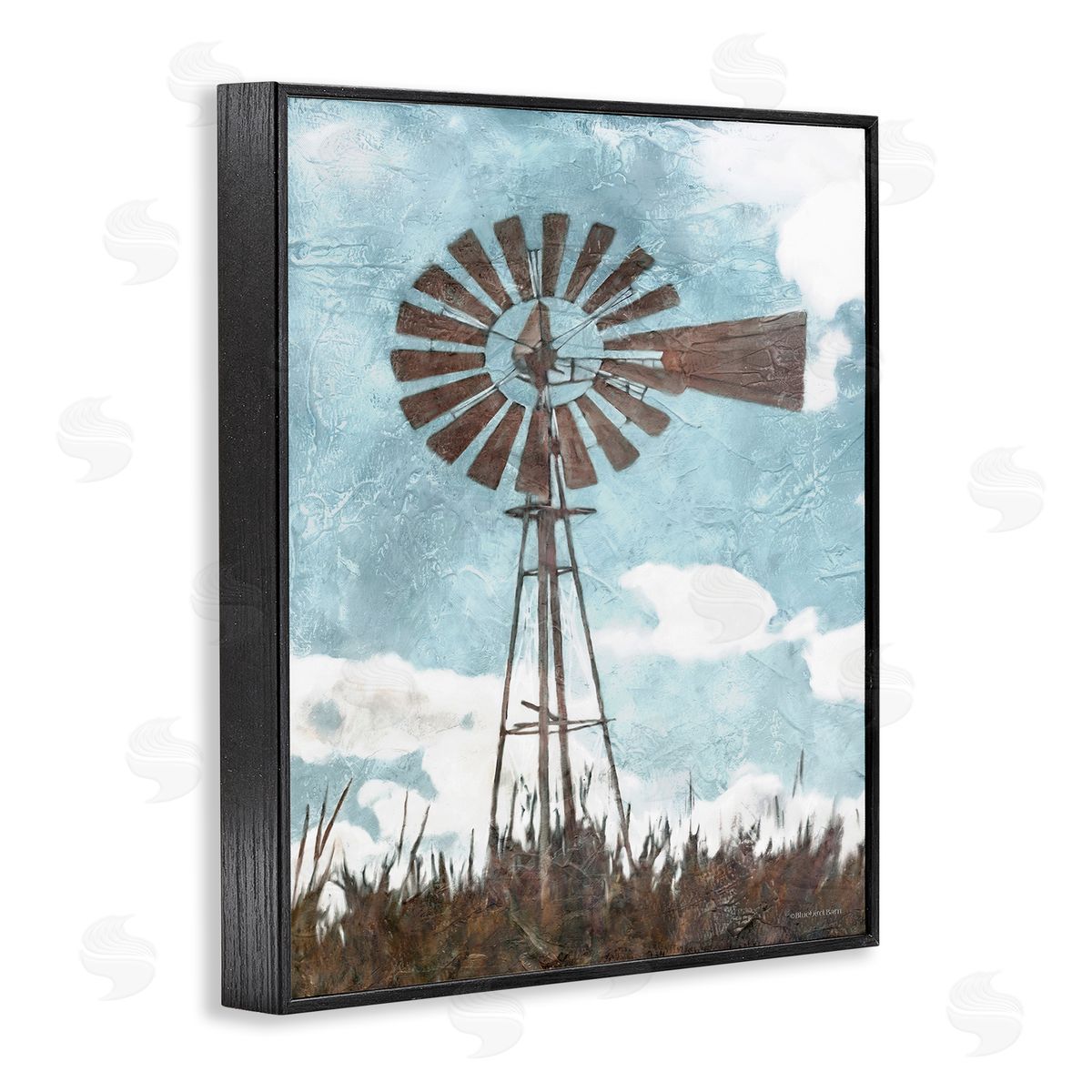 Farm Windmill Blue Brown Black Frame Print Wall Art, Home Decor by Bluebird Barn