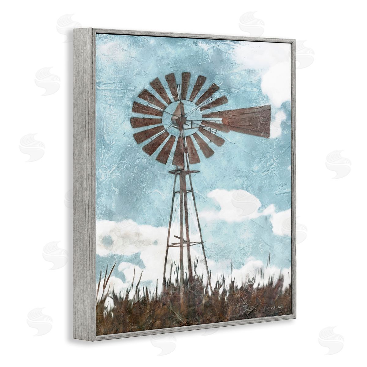 Farm Windmill Blue Brown Grey Frame Print Wall Art, Home Decor by Bluebird Barn
