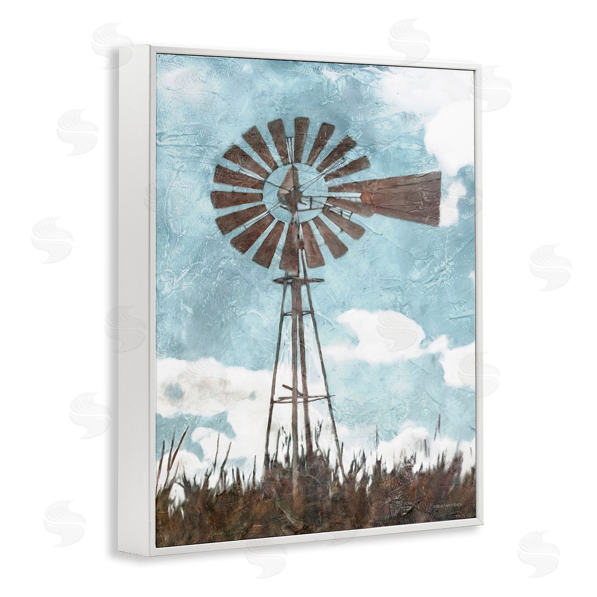Farm Windmill Blue Brown White Frame Print Wall Art, Home Decor by Bluebird Barn