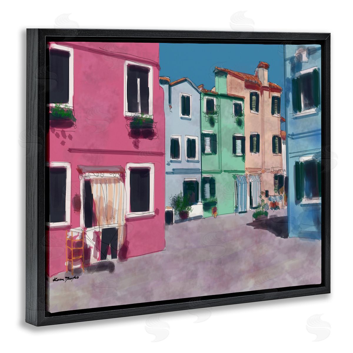 Colorful Town Landscape Painting Black Floating Frame Canvas Wall Art, Home Decor by Karen Dreyfus