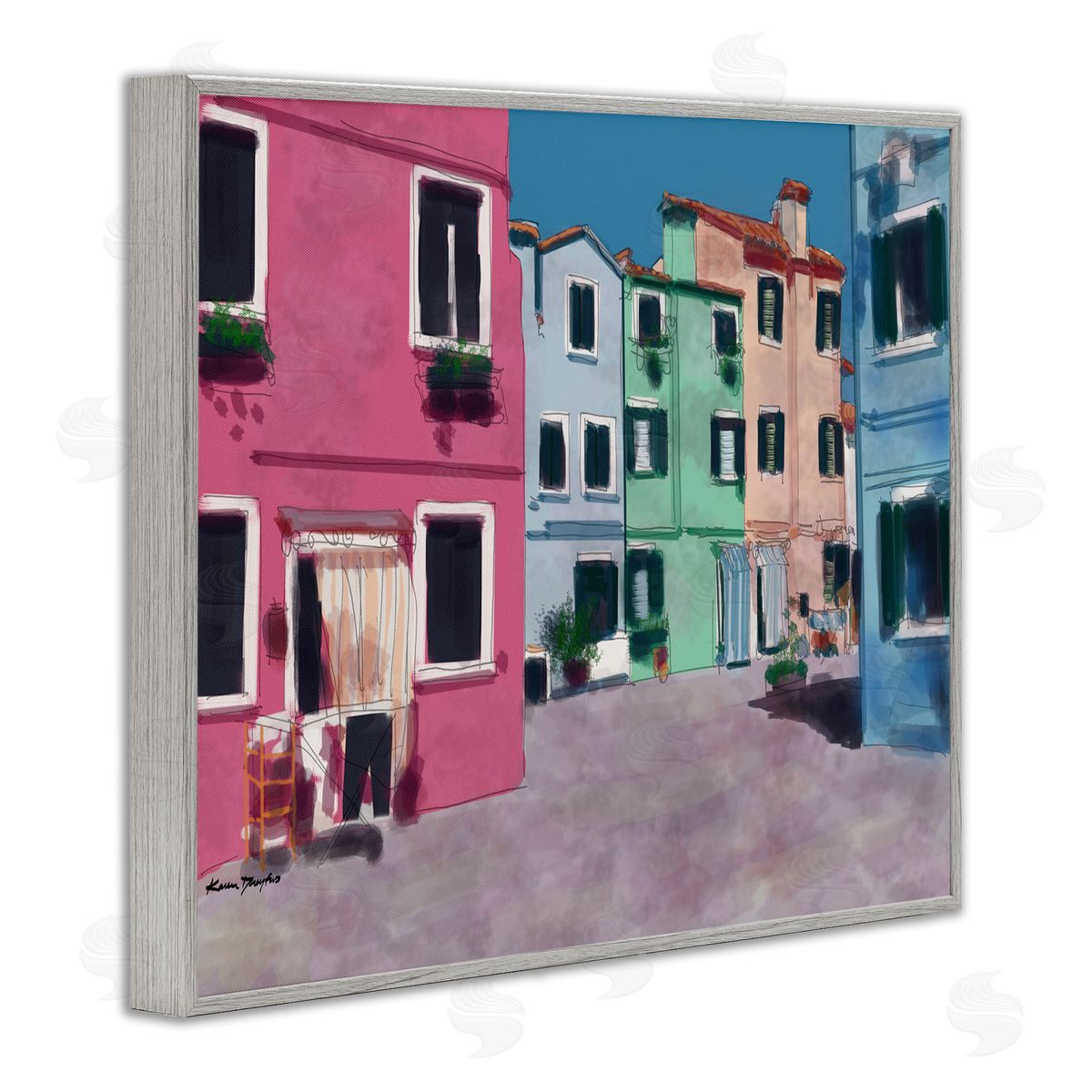 Colorful Town Landscape Painting Grey Frame Print Wall Art, Home Decor by Karen Dreyfus