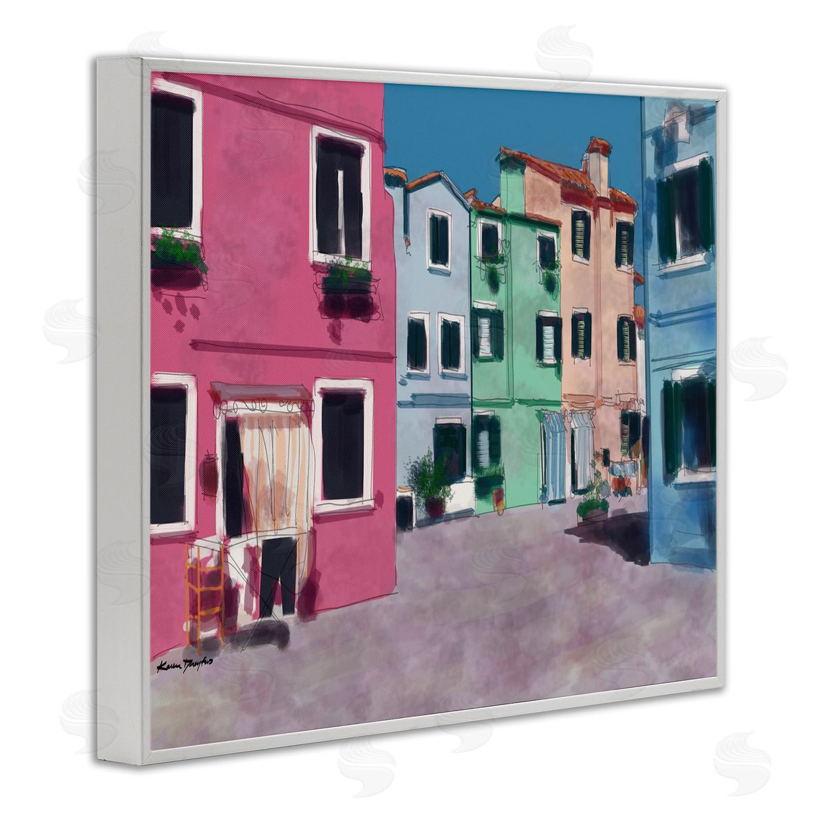 Colorful Town Landscape Painting White Frame Print Wall Art, Home Decor by Karen Dreyfus