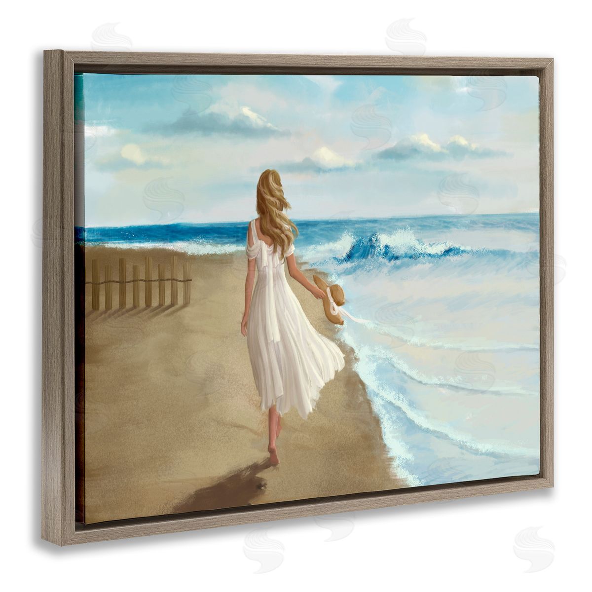 Walk On The Beach Painting Brown Floating Frame Canvas Wall Art, Home Decor by Ziwei Li
