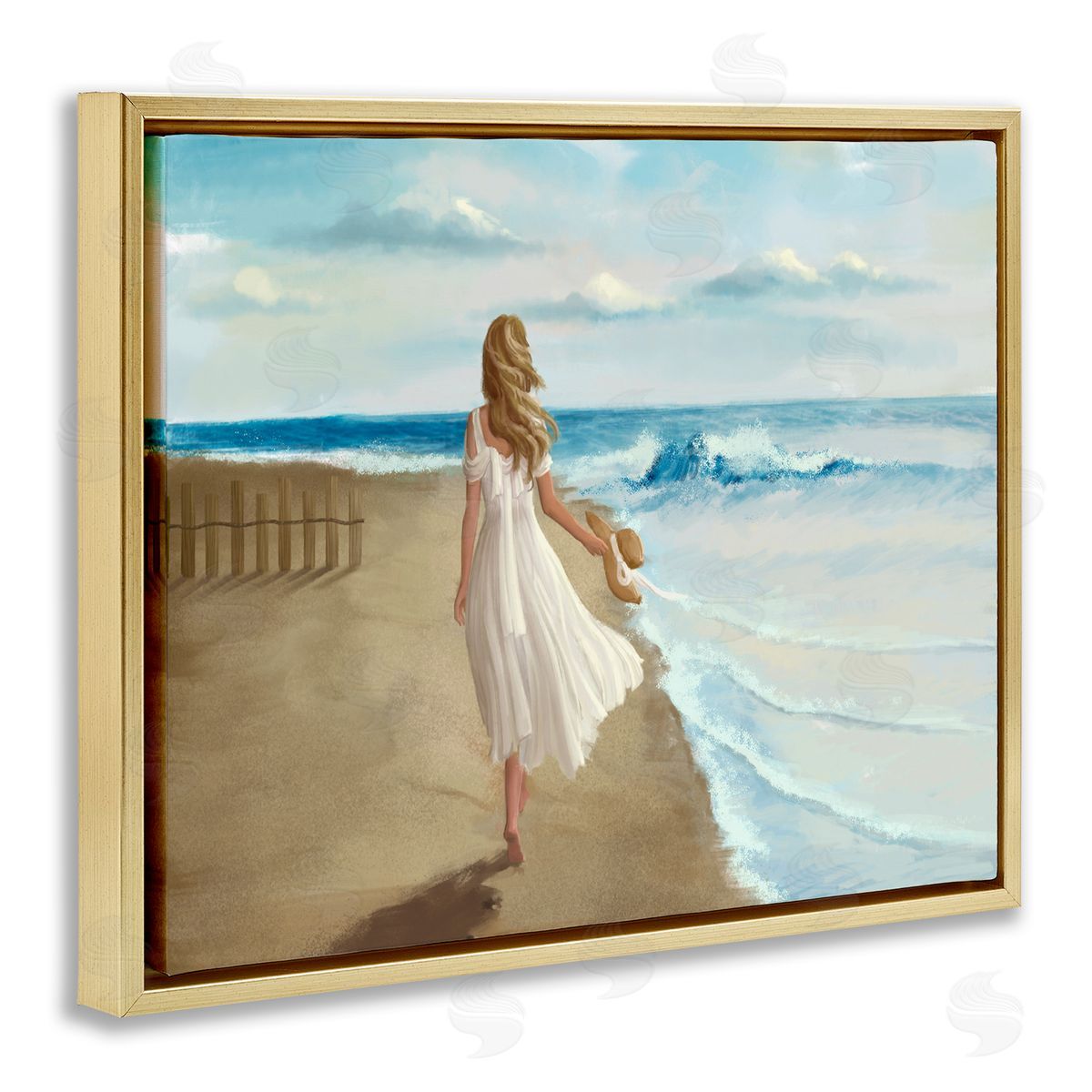 Walk On The Beach Painting Gold Floating Frame Canvas Wall Art, Home Decor by Ziwei Li