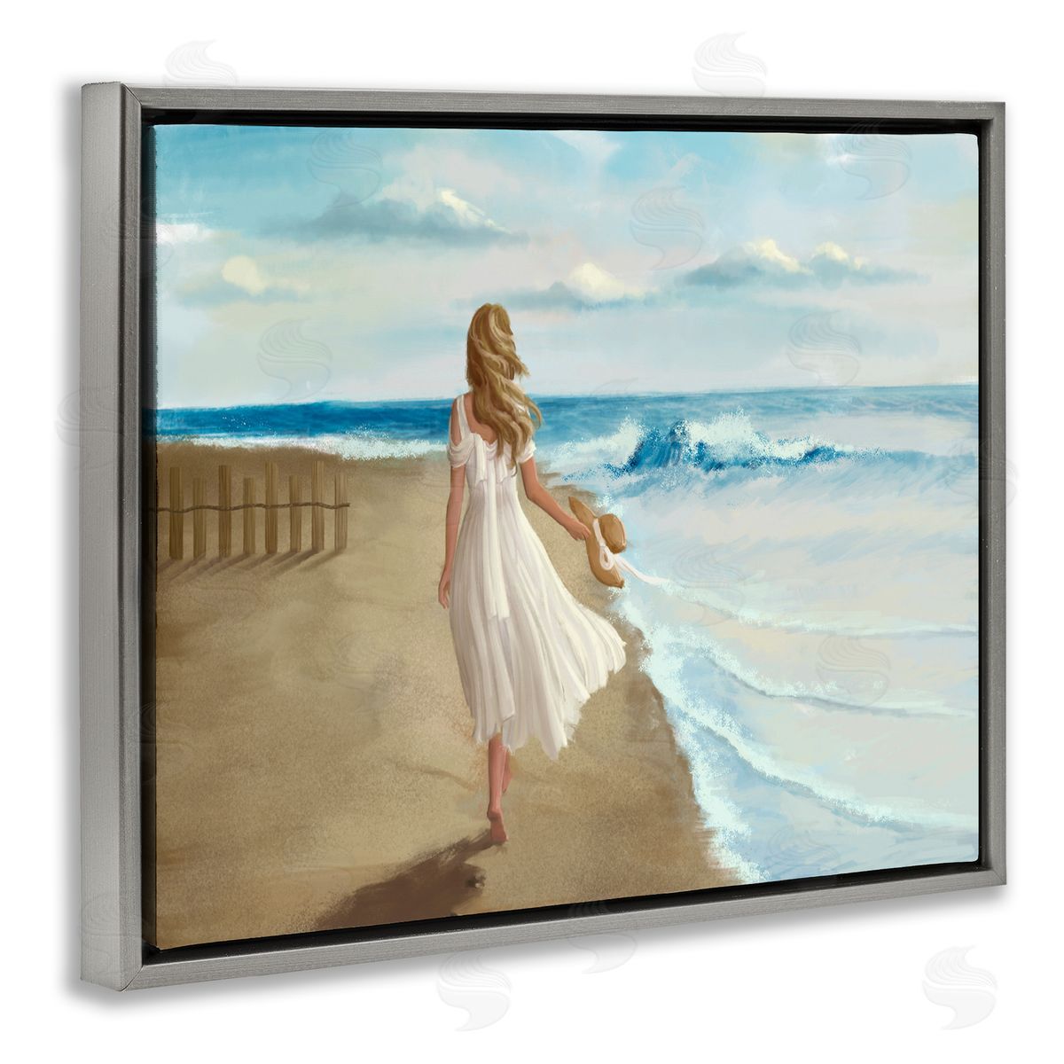 Walk On The Beach Painting Grey Floating Frame Canvas Wall Art, Home Decor by Ziwei Li