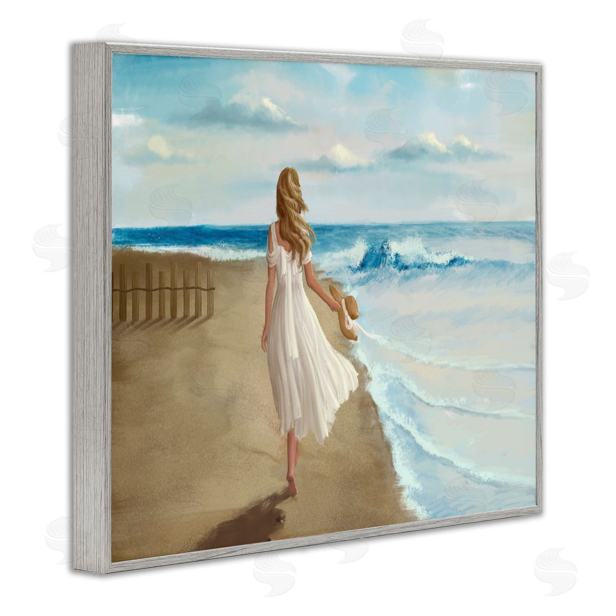 Walk On The Beach Painting Grey Frame Print Wall Art, Home Decor by Ziwei Li