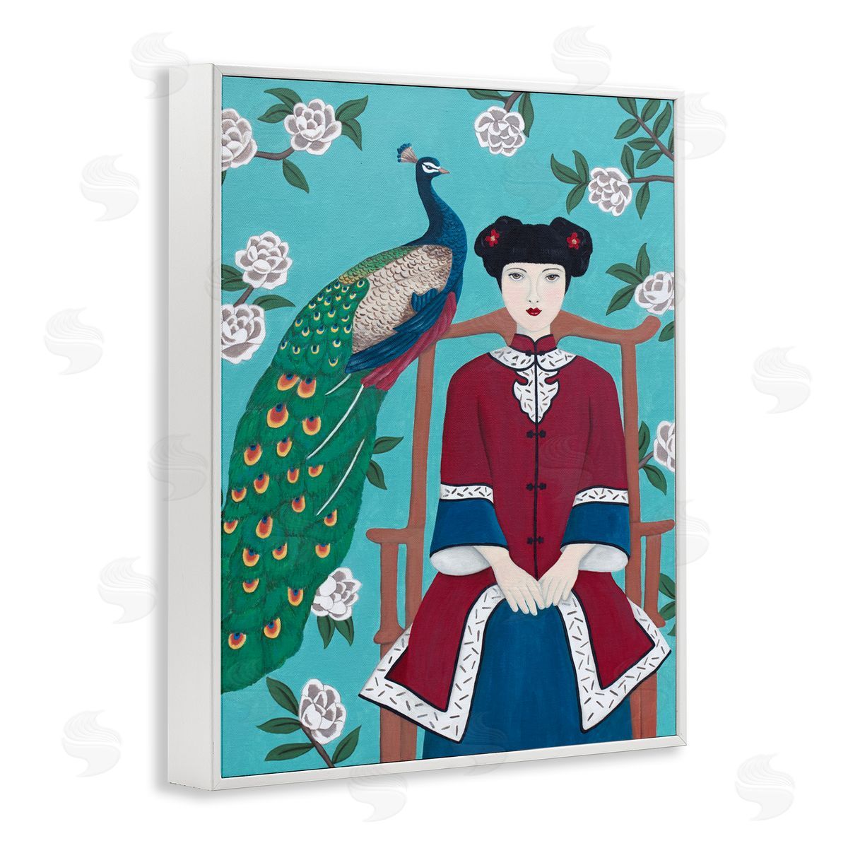 Woman & Peacock Flower Pattern White Frame Print Wall Art, Home Decor by Sally B
