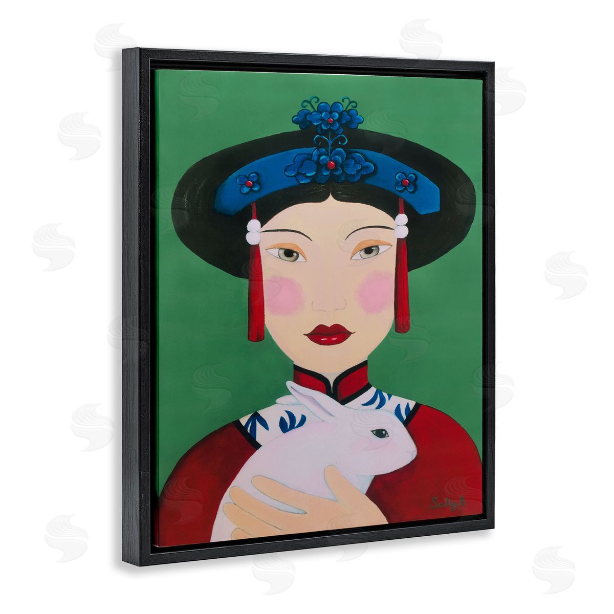 Woman And Rabbit Painting Black Floating Frame Canvas Wall Art, Home Decor by Sally B