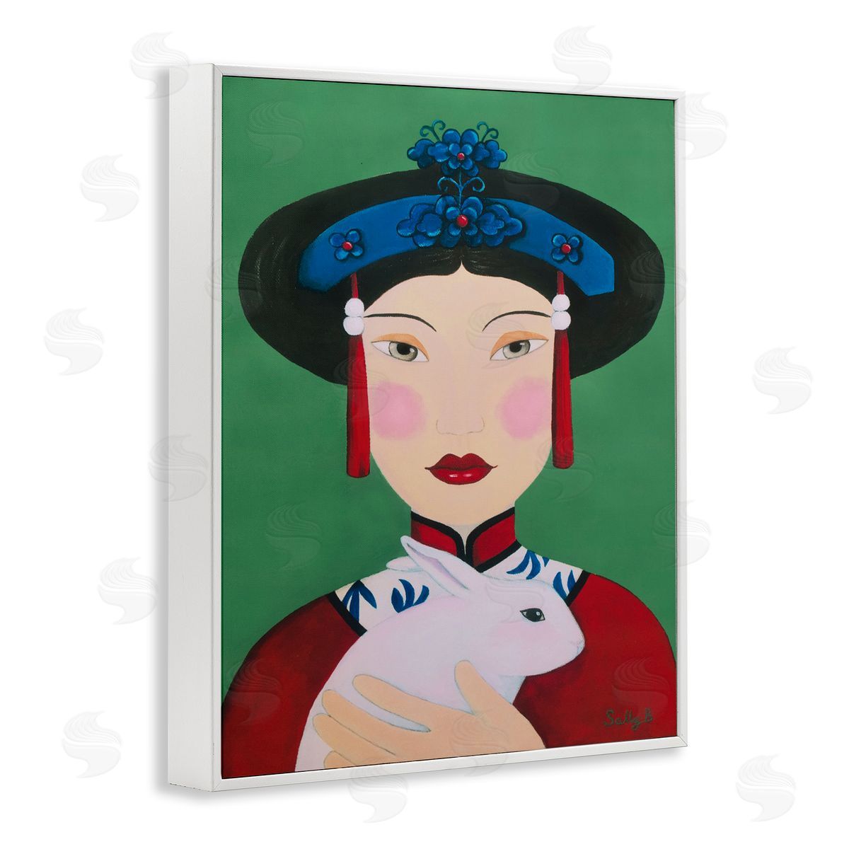 Woman And Rabbit Painting White Frame Print Wall Art, Home Decor by Sally B