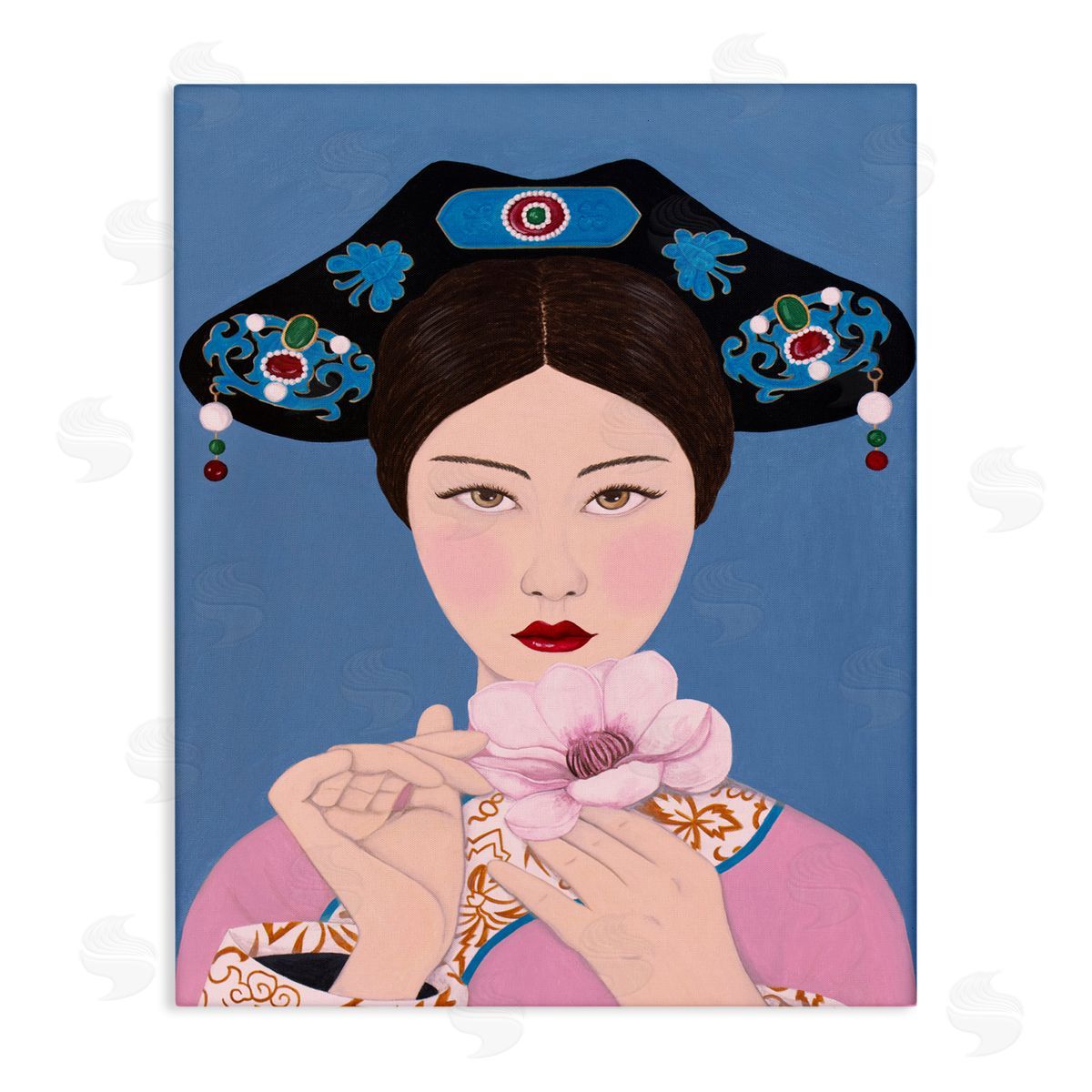 Woman And Flower Pink Blue Canvas Wall Art, Home Decor by Sally B