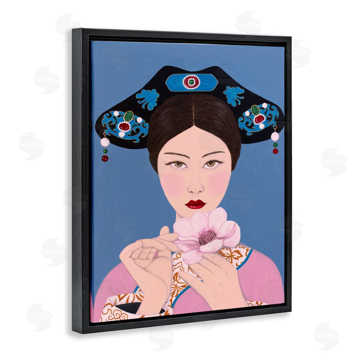 Woman And Flower Pink Blue Black Floating Frame Canvas Wall Art, Home Decor by Sally B
