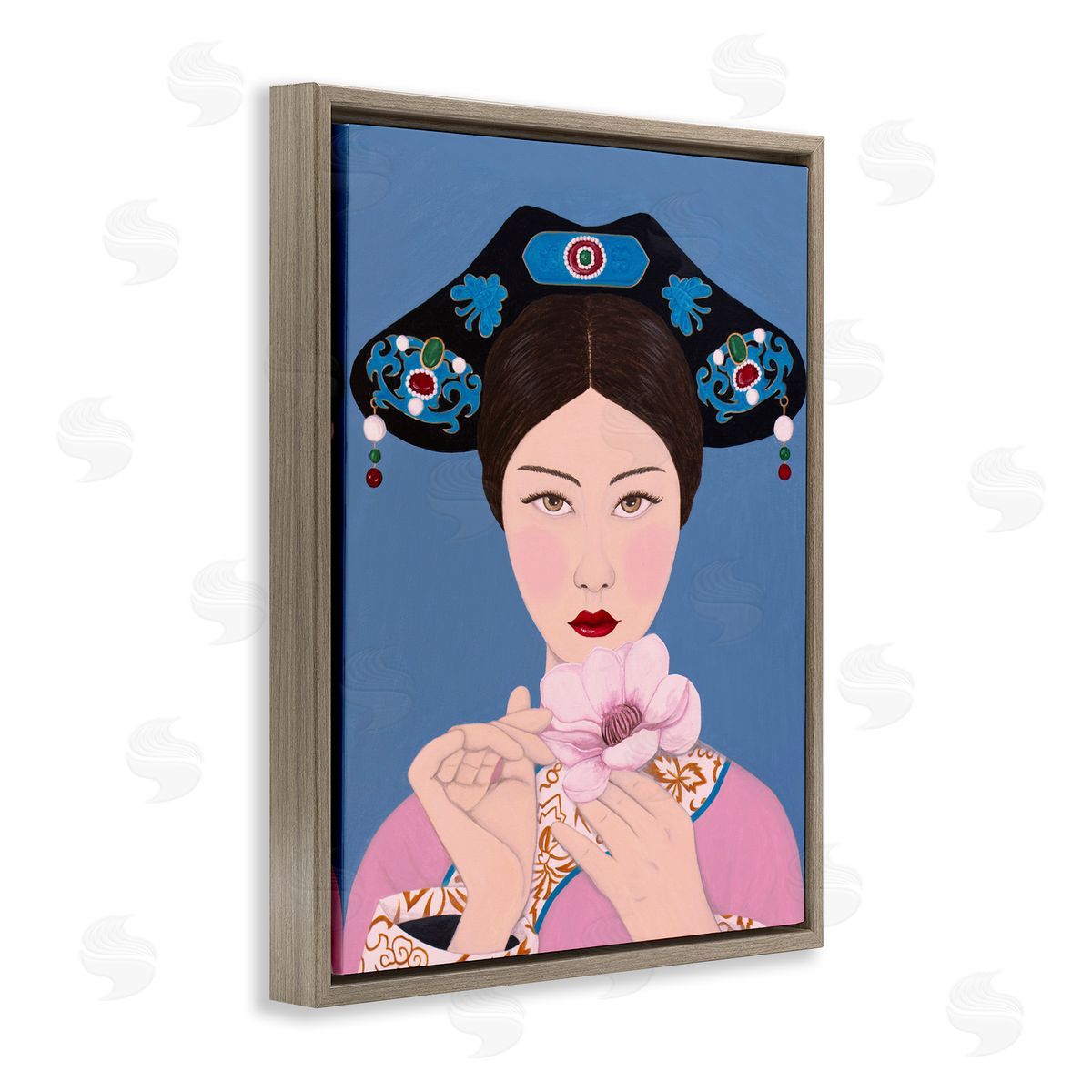 Woman And Flower Pink Blue Brown Floating Frame Canvas Wall Art, Home Decor by Sally B