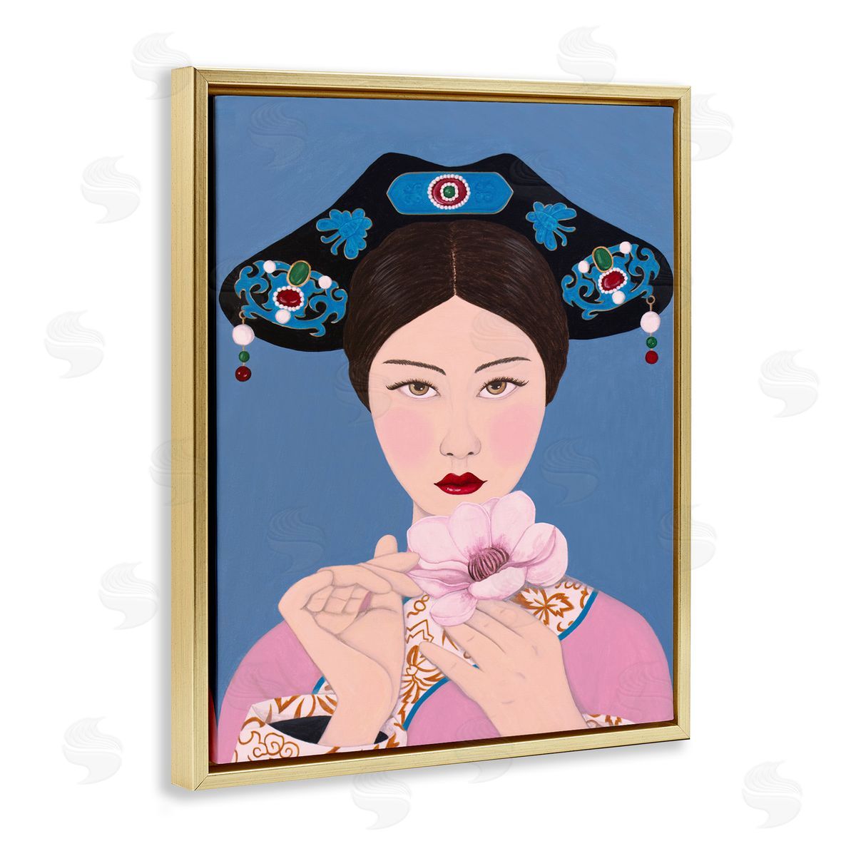 Woman And Flower Pink Blue Gold Floating Frame Canvas Wall Art, Home Decor by Sally B
