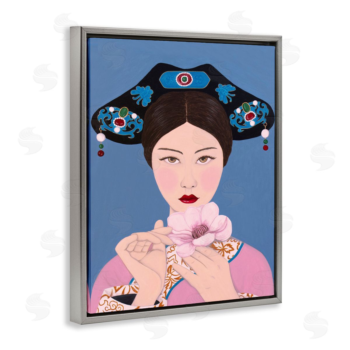 Woman And Flower Pink Blue Grey Floating Frame Canvas Wall Art, Home Decor by Sally B