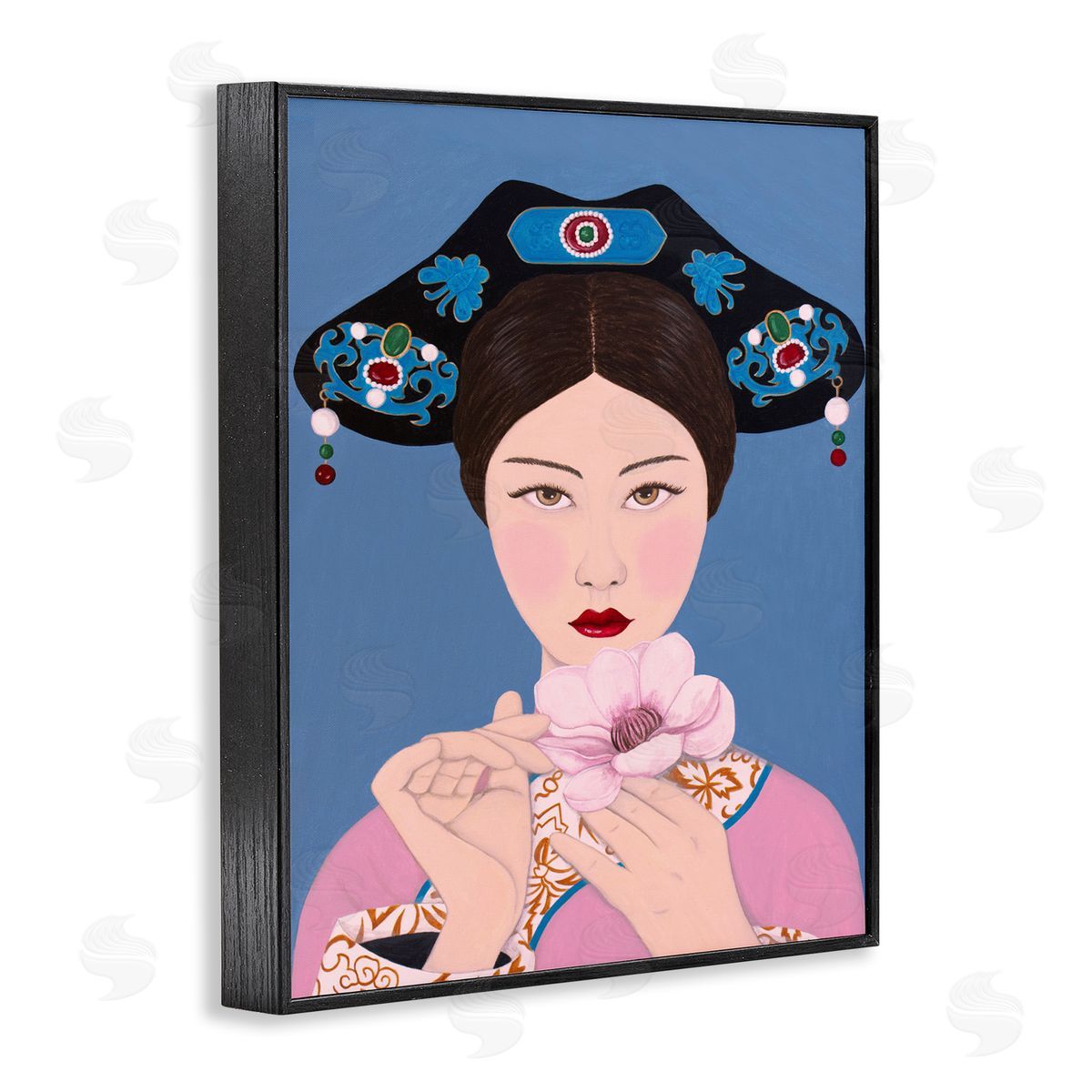 Woman And Flower Pink Blue Black Frame Print Wall Art, Home Decor by Sally B