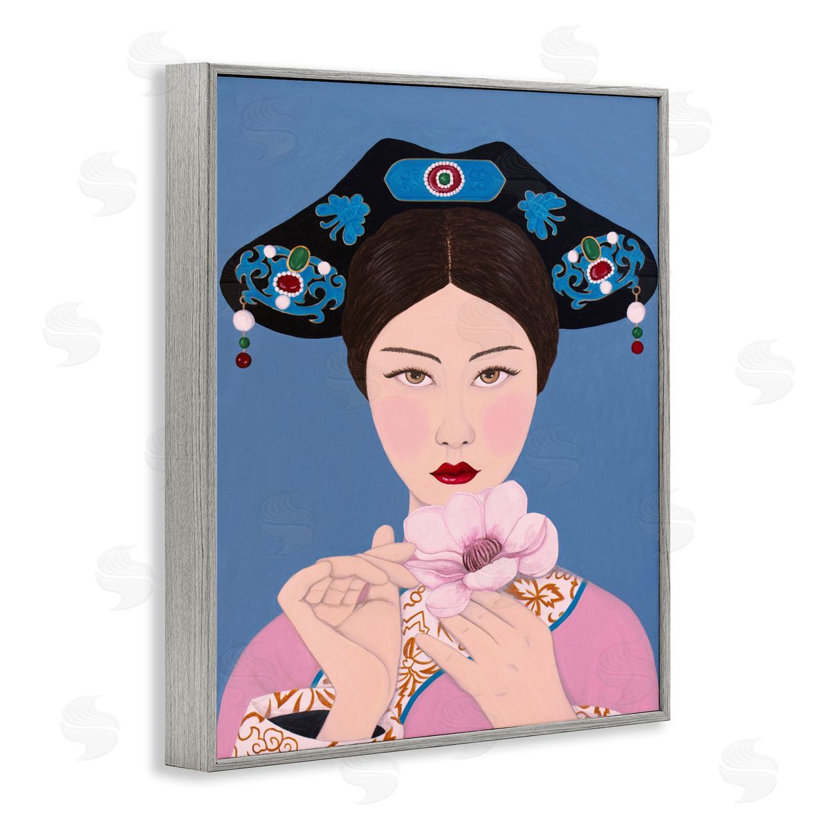 Woman And Flower Pink Blue Grey Frame Print Wall Art, Home Decor by Sally B