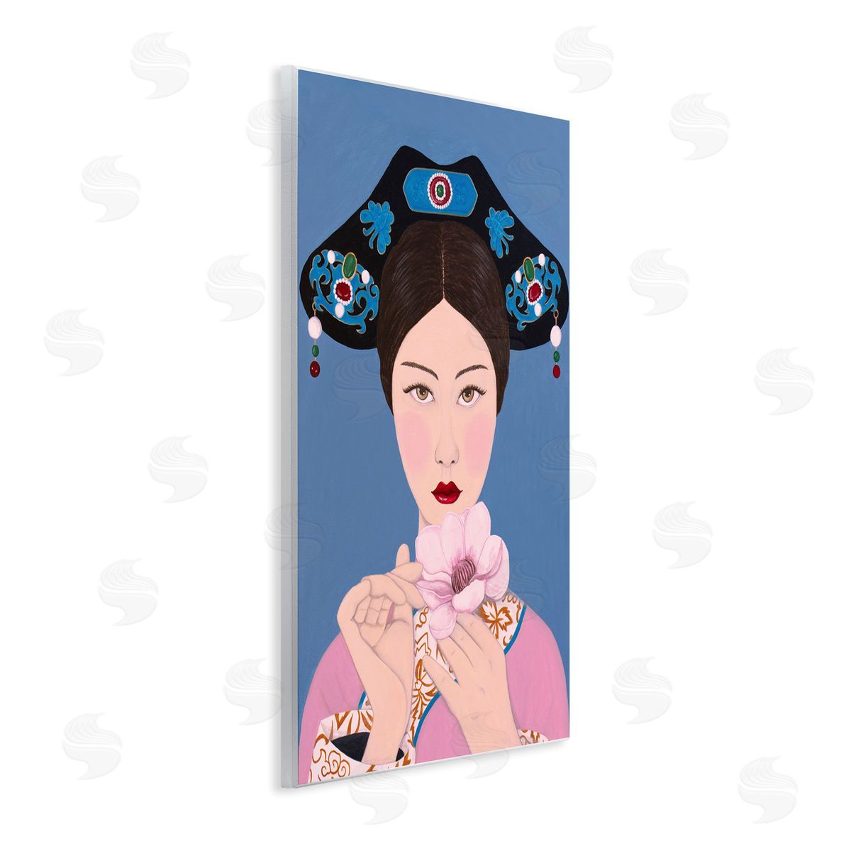 Woman And Flower Pink Blue Wood Plaque Wall Art, Home Decor by Sally B