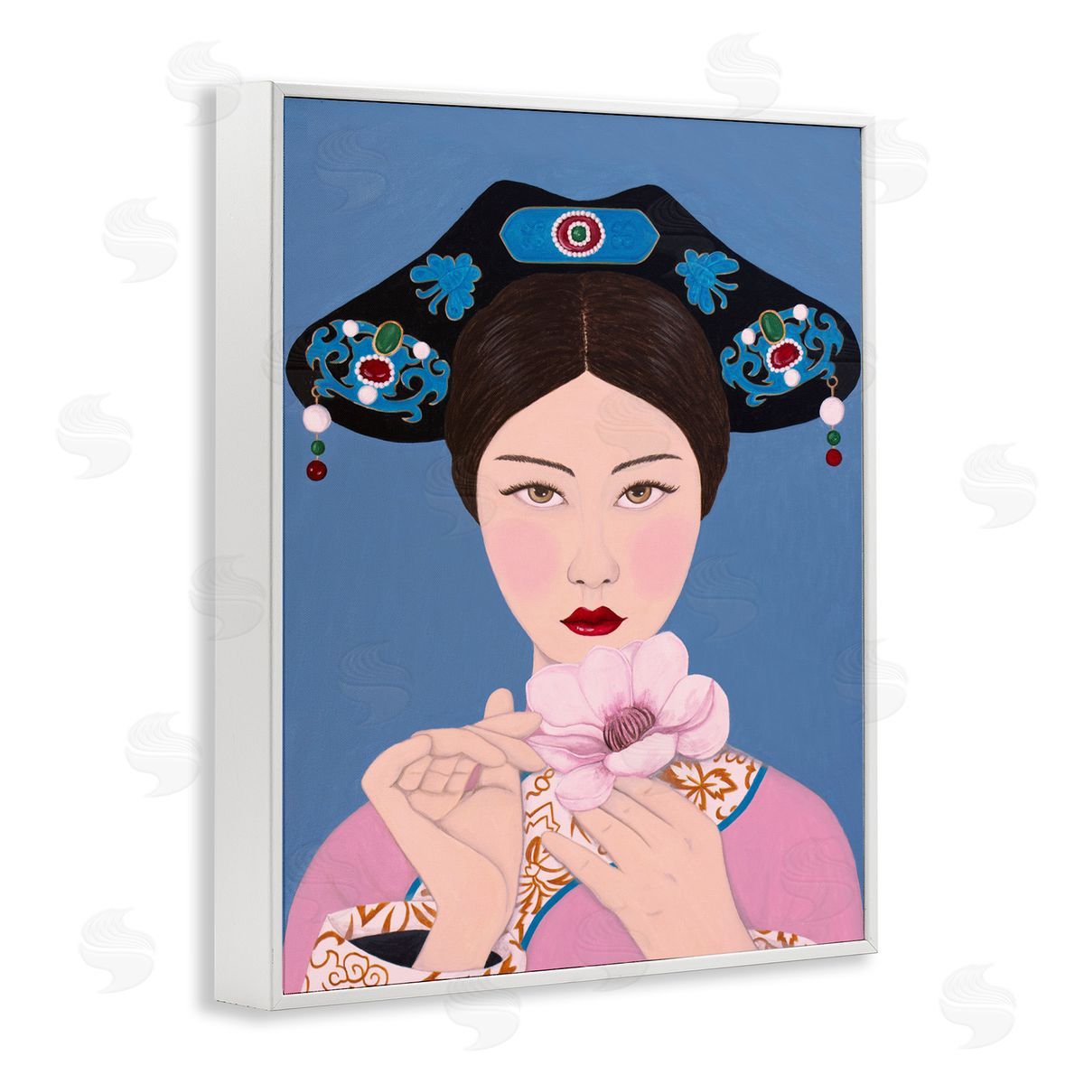 Woman And Flower Pink Blue White Frame Print Wall Art, Home Decor by Sally B