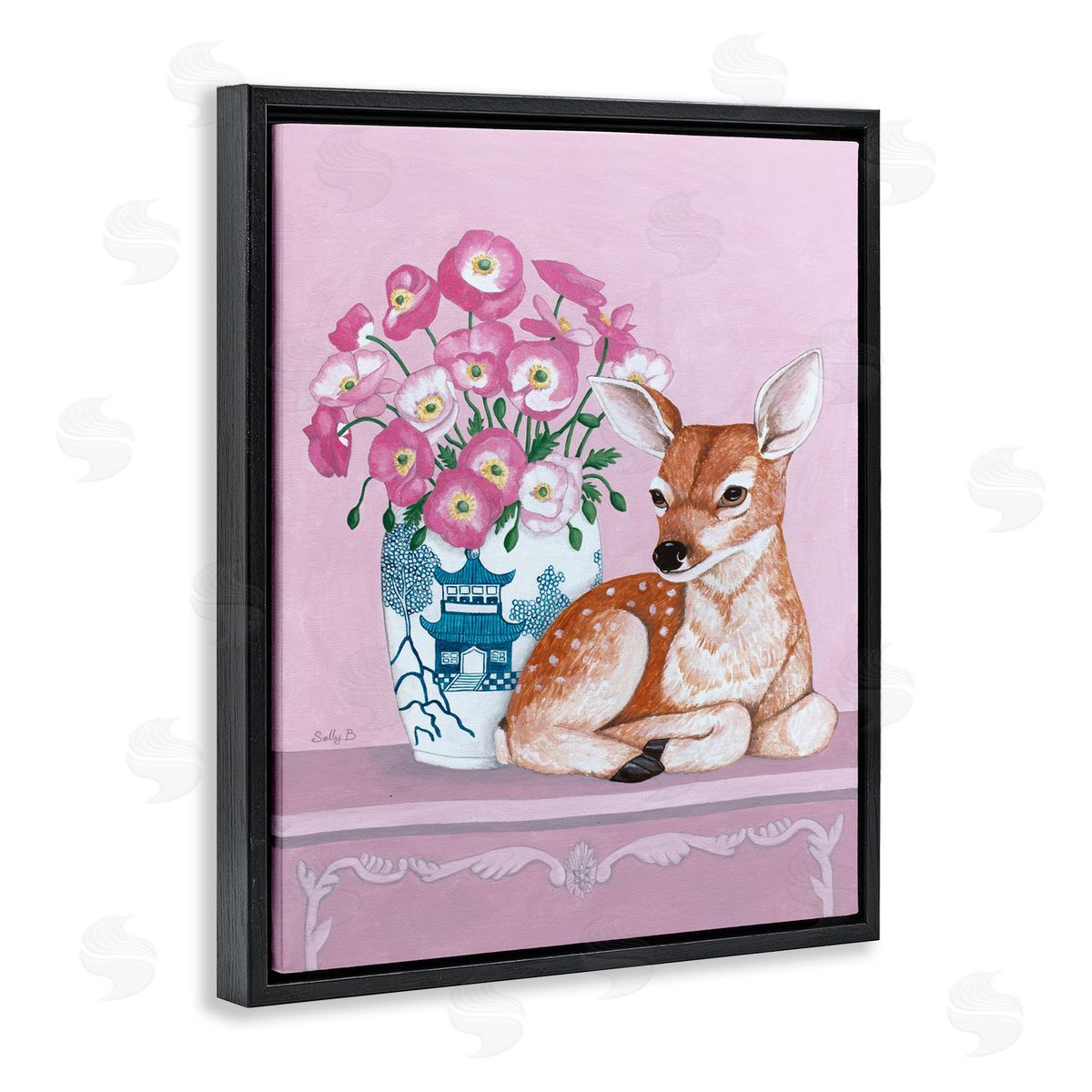 Flower Vase And Deer Black Floating Frame Canvas Wall Art, Home Decor by Sally B