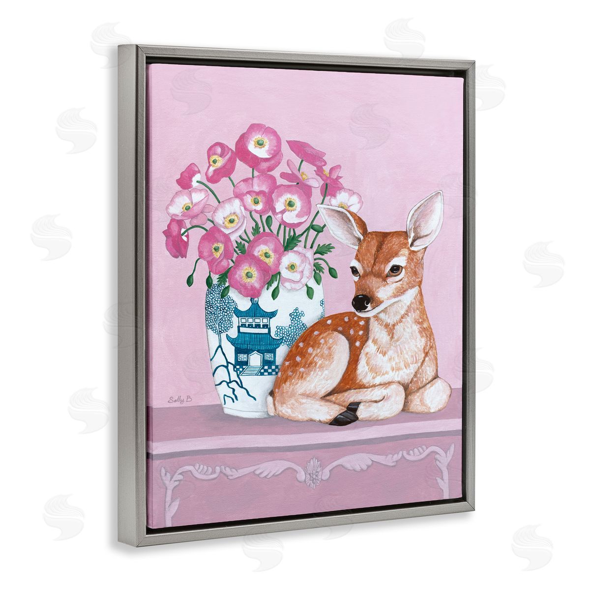 Flower Vase And Deer Grey Floating Frame Canvas Wall Art, Home Decor by Sally B