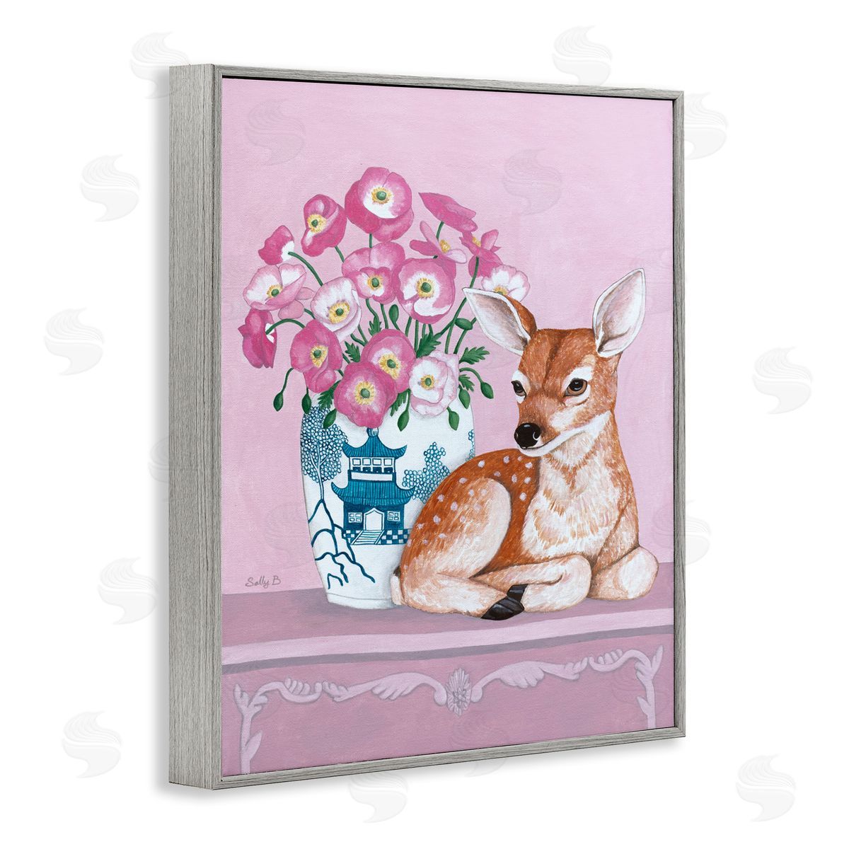 Flower Vase And Deer Grey Frame Print Wall Art, Home Decor by Sally B