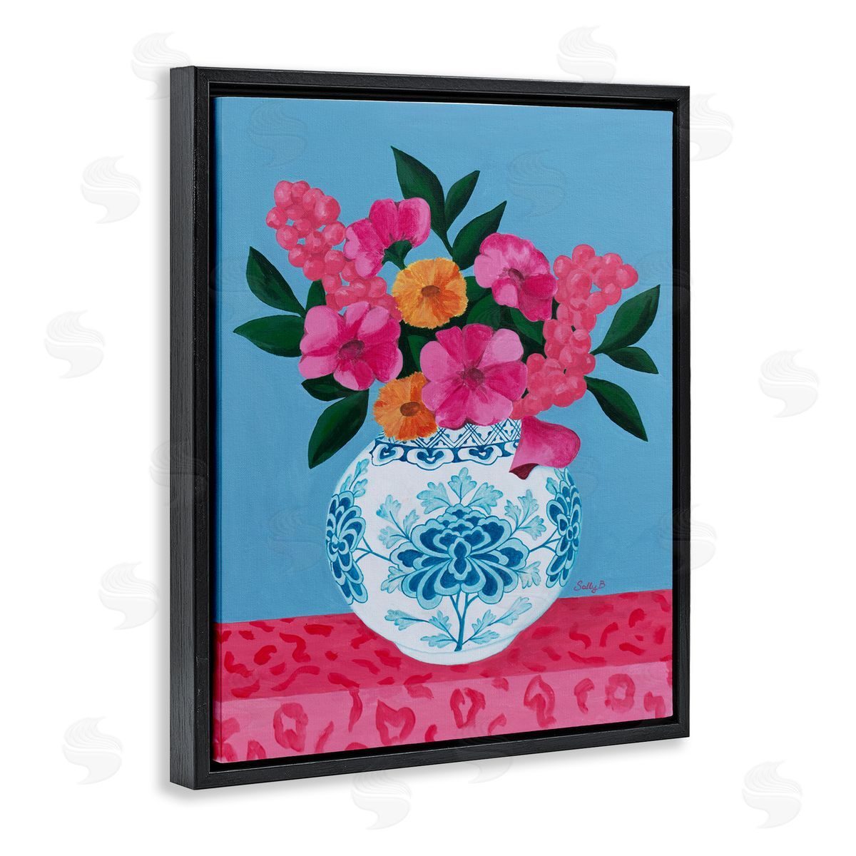 Flower Vase Pink Blue Painting Black Floating Frame Canvas Wall Art, Home Decor by Sally B