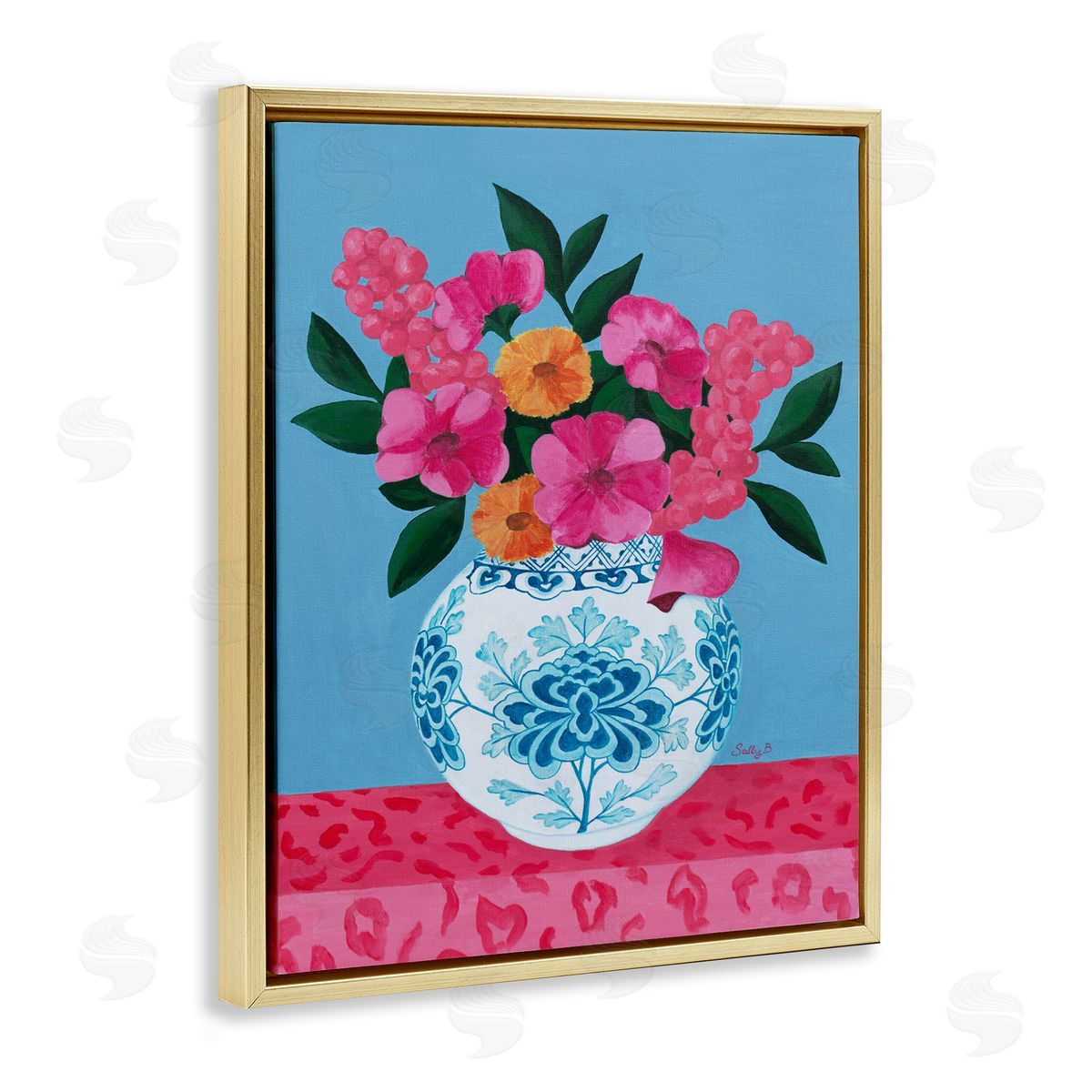 Flower Vase Pink Blue Painting Gold Floating Frame Canvas Wall Art, Home Decor by Sally B