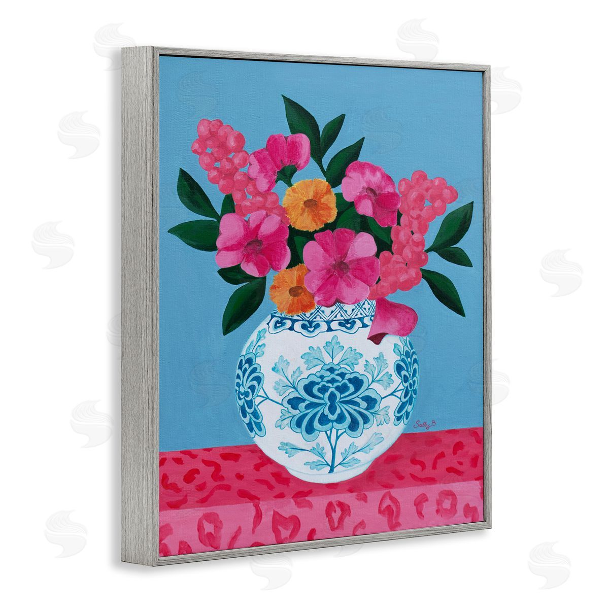 Flower Vase Pink Blue Painting Grey Frame Print Wall Art, Home Decor by Sally B