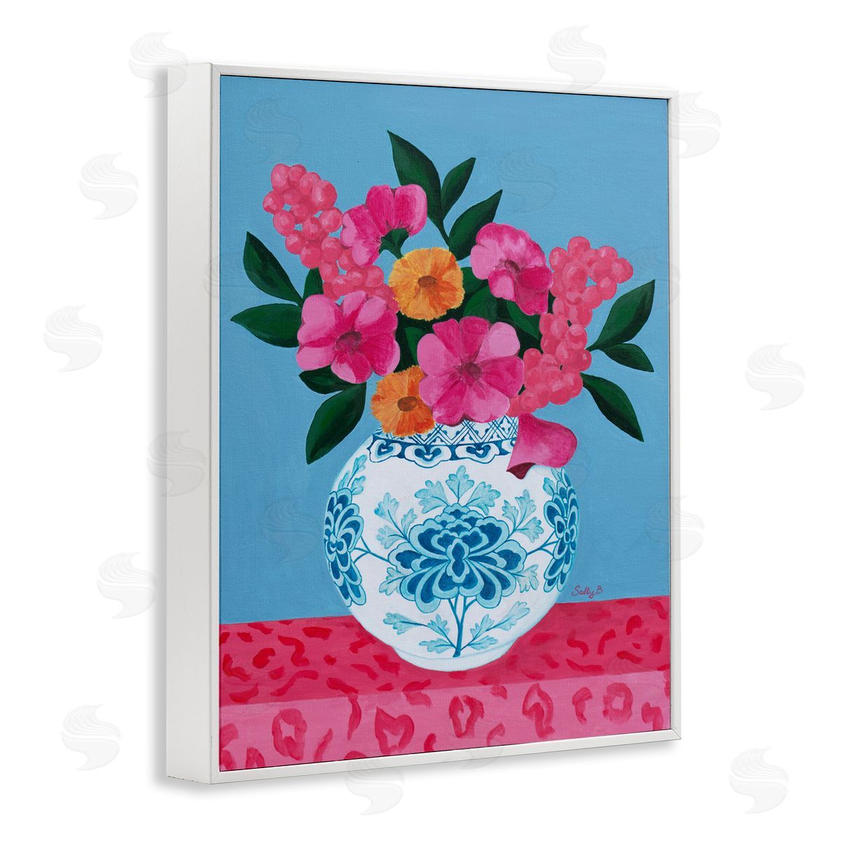 Flower Vase Pink Blue Painting White Frame Print Wall Art, Home Decor by Sally B