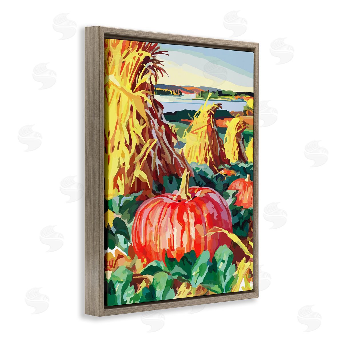 Pumpkin Patch Autumn Landscape Brown Floating Frame Canvas Wall Art, Home Decor by The Saturday Evening Post
