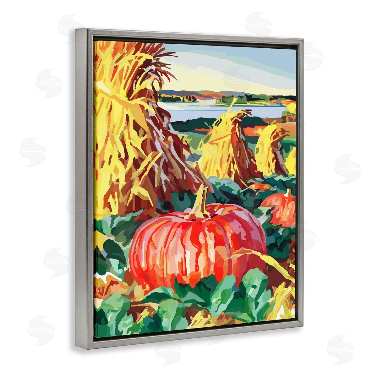 Pumpkin Patch Autumn Landscape Grey Floating Frame Canvas Wall Art, Home Decor by The Saturday Evening Post