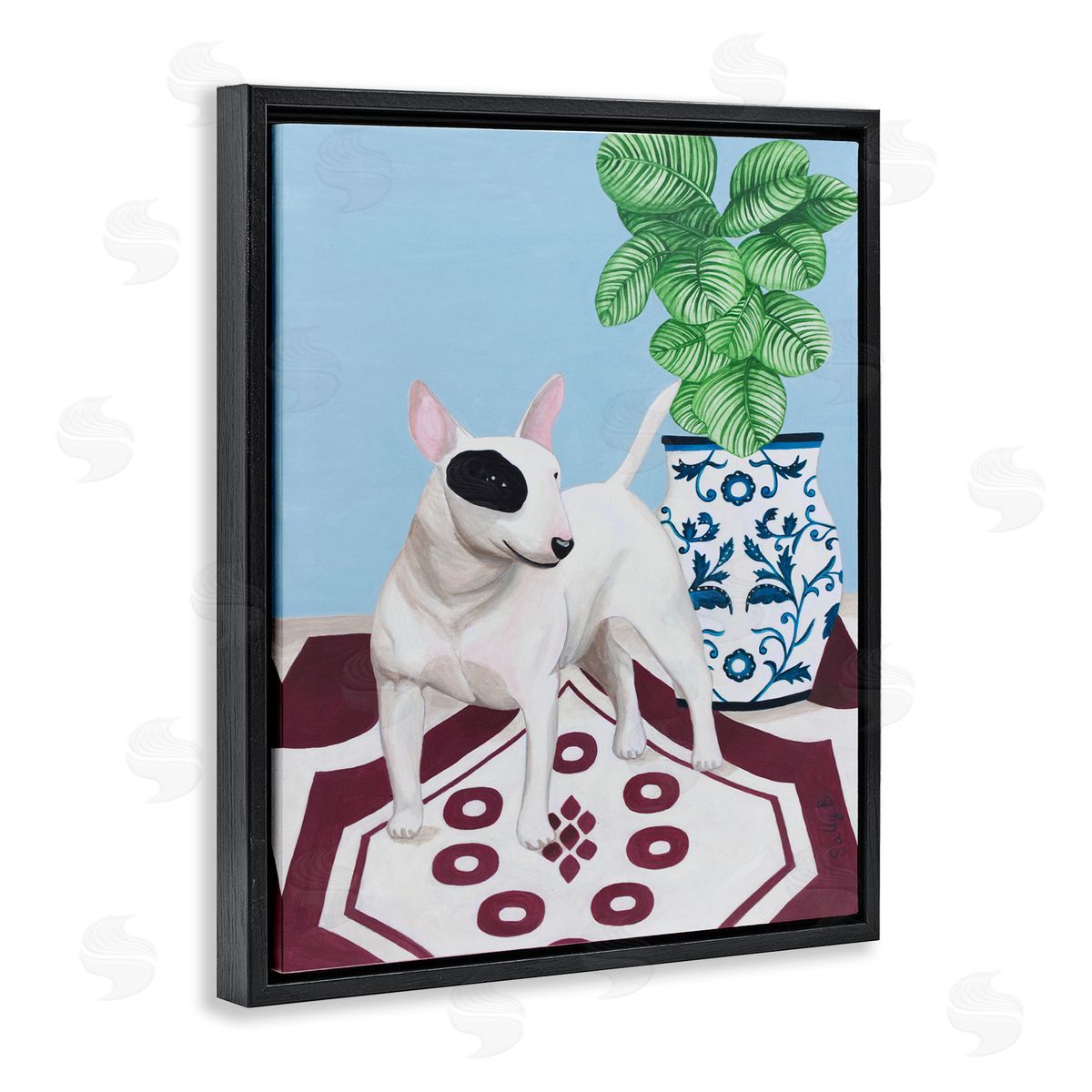 Dog And Vase Animal Pet Painting Black Floating Frame Canvas Wall Art, Home Decor by Sally B