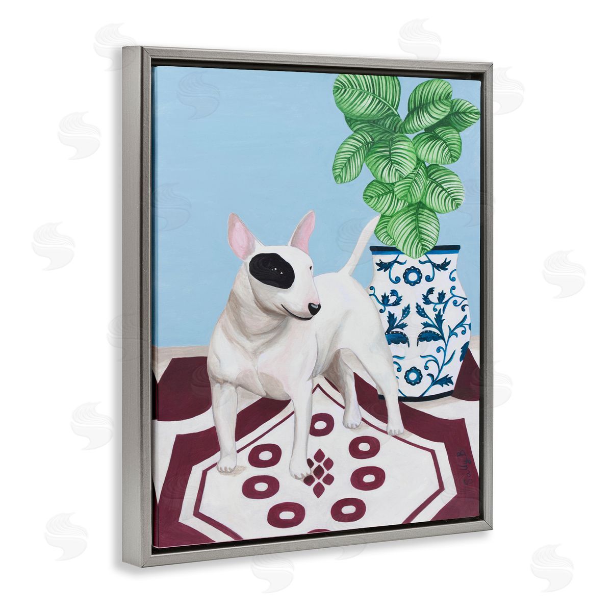 Dog And Vase Animal Pet Painting Grey Floating Frame Canvas Wall Art, Home Decor by Sally B