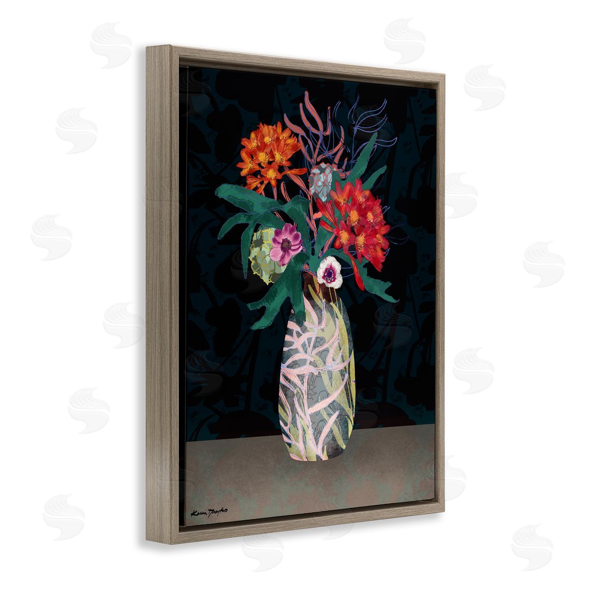 Flower Vase Pattern Brown Floating Frame Canvas Wall Art, Home Decor by Karen Dreyfus