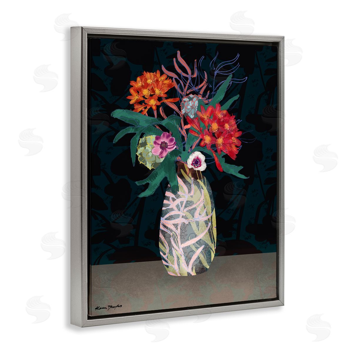 Flower Vase Pattern Grey Floating Frame Canvas Wall Art, Home Decor by Karen Dreyfus