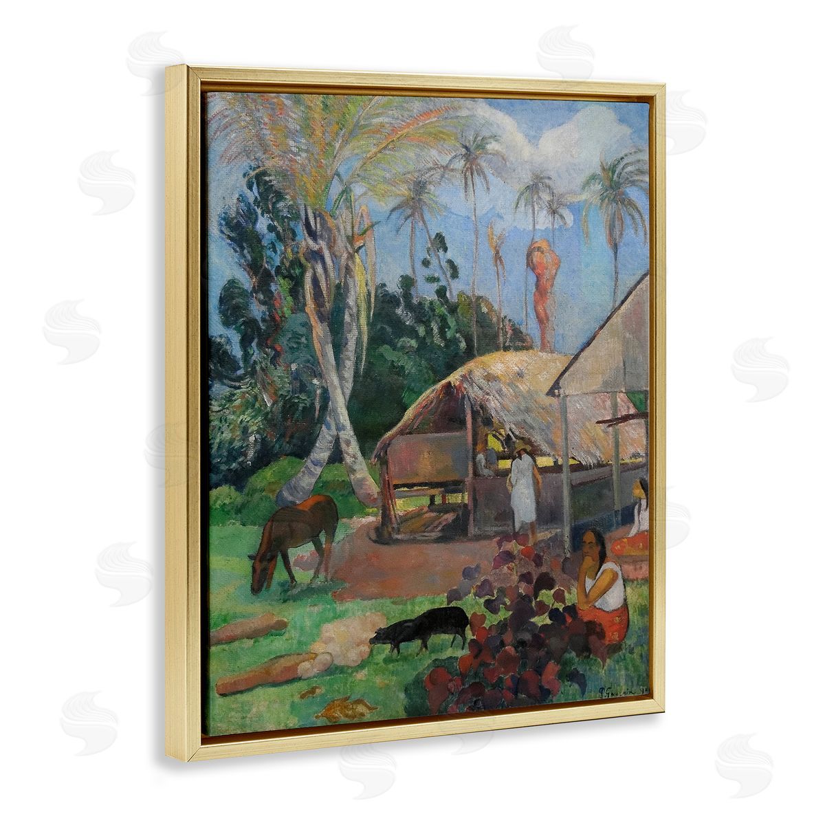 The Black Pigs Classical Painting Gold Floating Frame Canvas Wall Art, Home Decor by Paul Gauguin