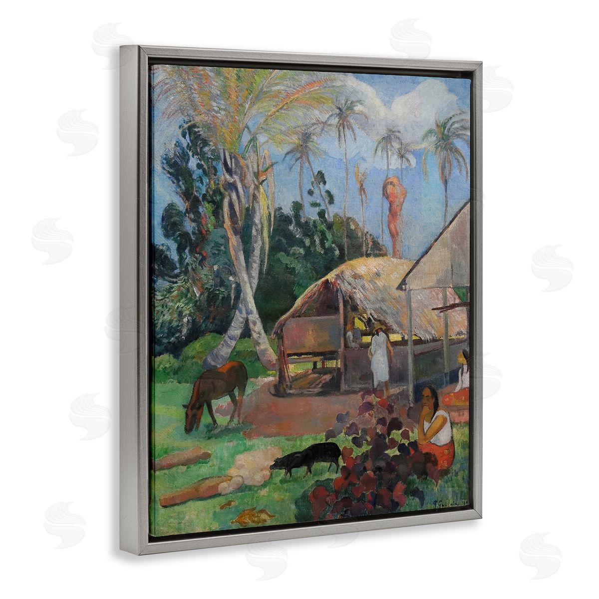 The Black Pigs Classical Painting Grey Floating Frame Canvas Wall Art, Home Decor by Paul Gauguin