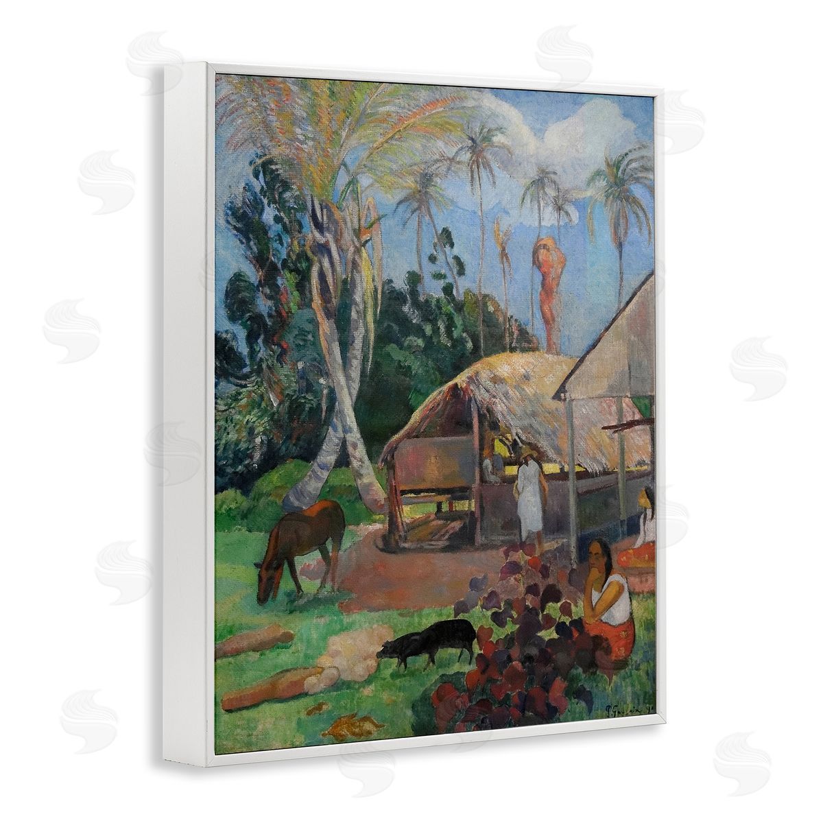 The Black Pigs Classical Painting White Frame Print Wall Art, Home Decor by Paul Gauguin
