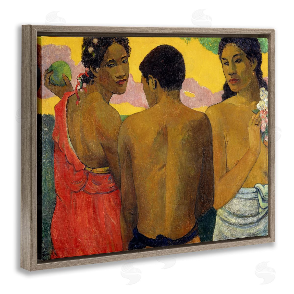 Three Tahitians Classical Painting Brown Floating Frame Canvas Wall Art, Home Decor by Paul Gauguin