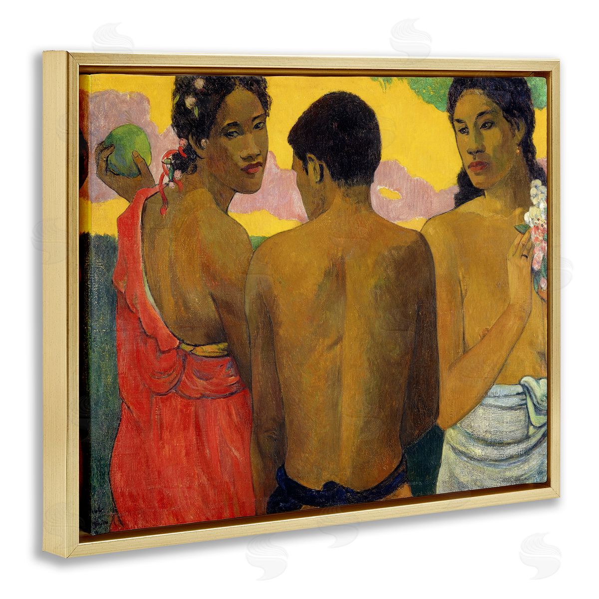 Three Tahitians Classical Painting Gold Floating Frame Canvas Wall Art, Home Decor by Paul Gauguin