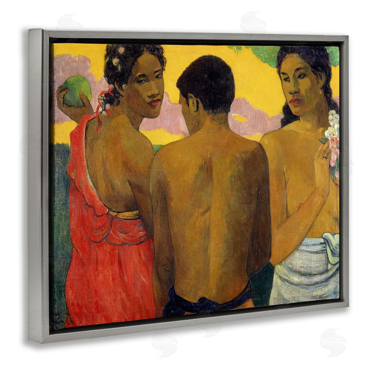 Three Tahitians Classical Painting Grey Floating Frame Canvas Wall Art, Home Decor by Paul Gauguin