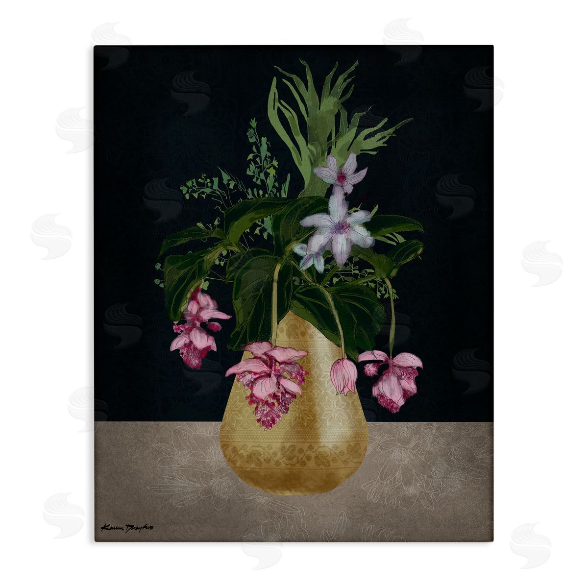 Gold Vase Pink Flower Drawing Canvas Wall Art, Home Decor by Karen Dreyfus