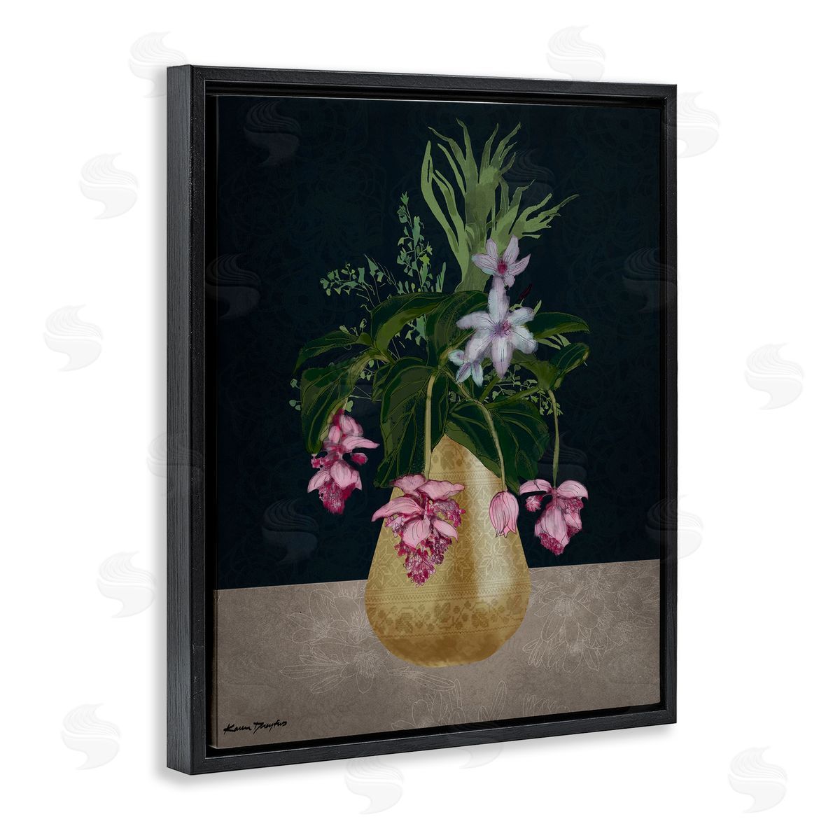 Gold Vase Pink Flower Drawing Black Floating Frame Canvas Wall Art, Home Decor by Karen Dreyfus