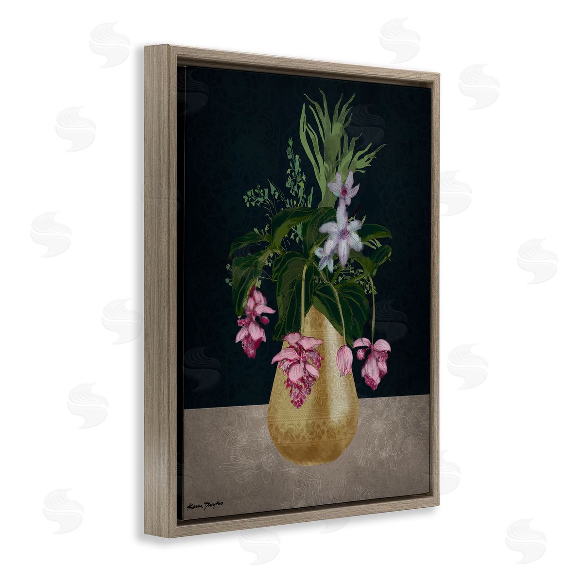Gold Vase Pink Flower Drawing Brown Floating Frame Canvas Wall Art, Home Decor by Karen Dreyfus